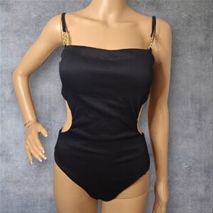 Aqua Black Ribbed One-Piece Swimsuit with Gold Chain Straps
